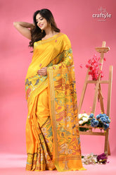 Cyber yellow multicolor bird motif silk kantha saree bright yellow saree intricate colorful 7