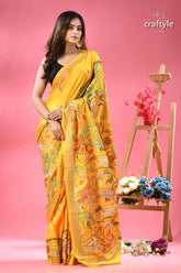 Cyber yellow multicolor bird motif silk kantha saree yellow silk saree colorful floral 5