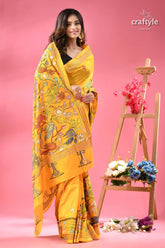 Cyber yellow multicolor bird motif silk kantha saree woman vibrant yellow saree intricate 3