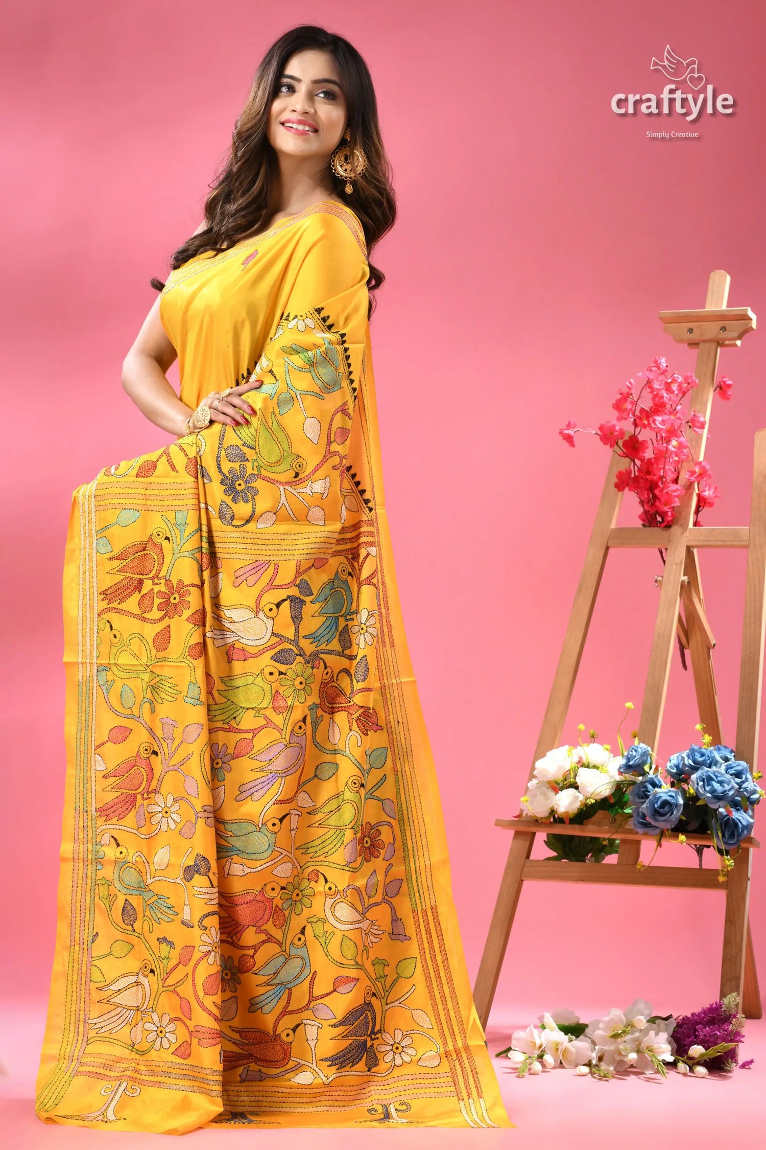 Cyber yellow multicolor bird motif silk kantha saree woman bright yellow saree colorful 4
