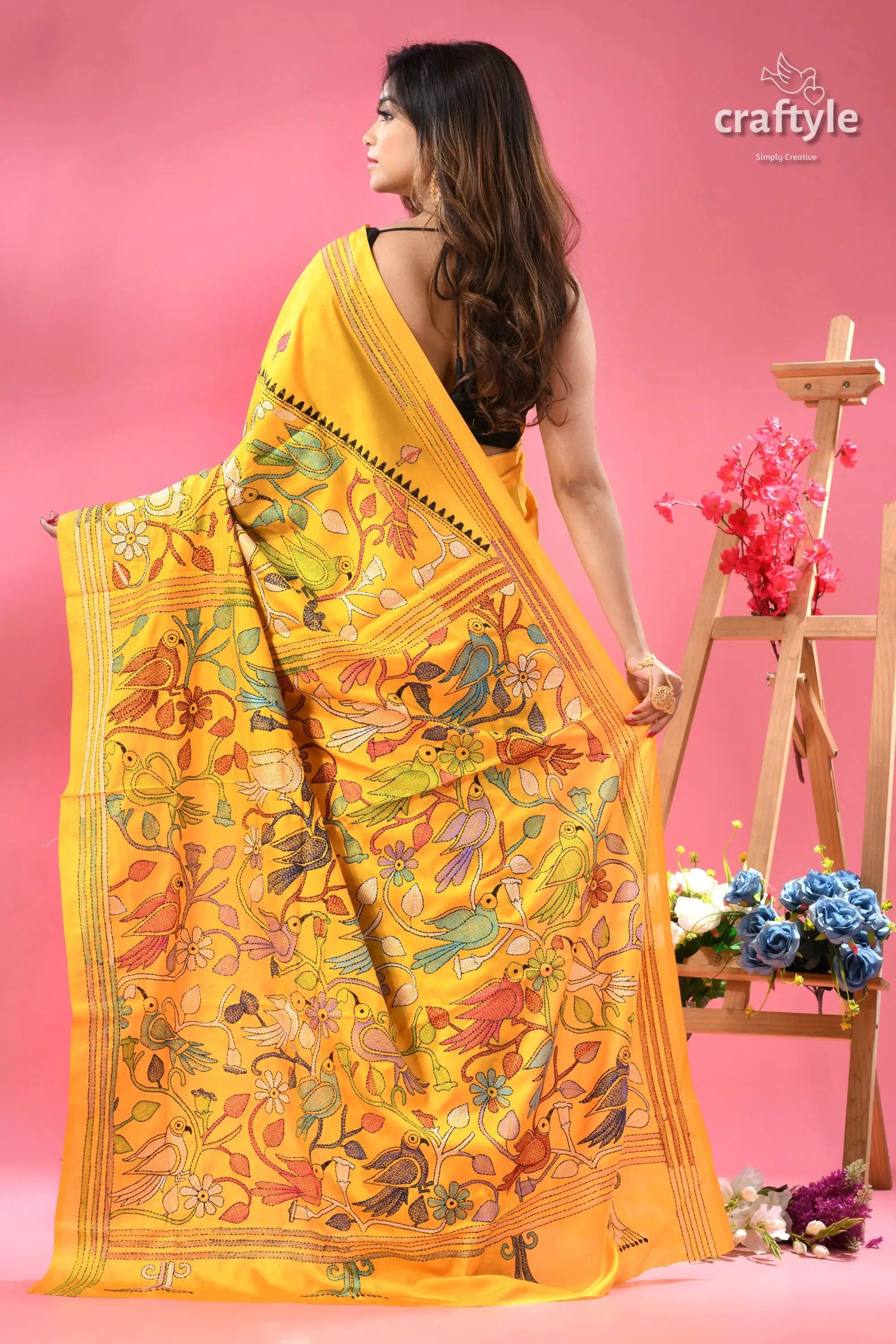 Cyber yellow multicolor bird motif silk kantha saree vibrant yellow saree adorned colorful 6