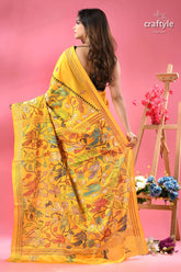 Cyber yellow multicolor bird motif silk kantha saree vibrant yellow saree adorned colorful 6