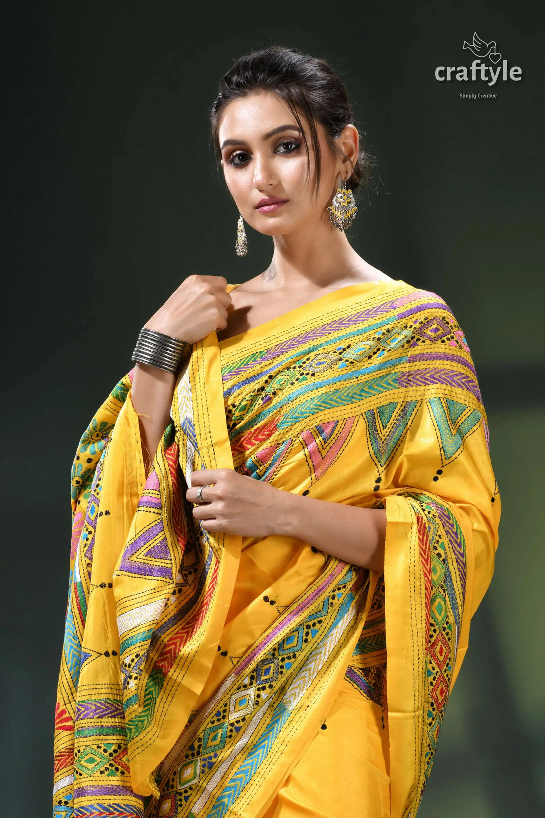 Cyber yellow silk kantha stitch saree - multicolor floral design yellow saree intricate multicolored embroidery 2