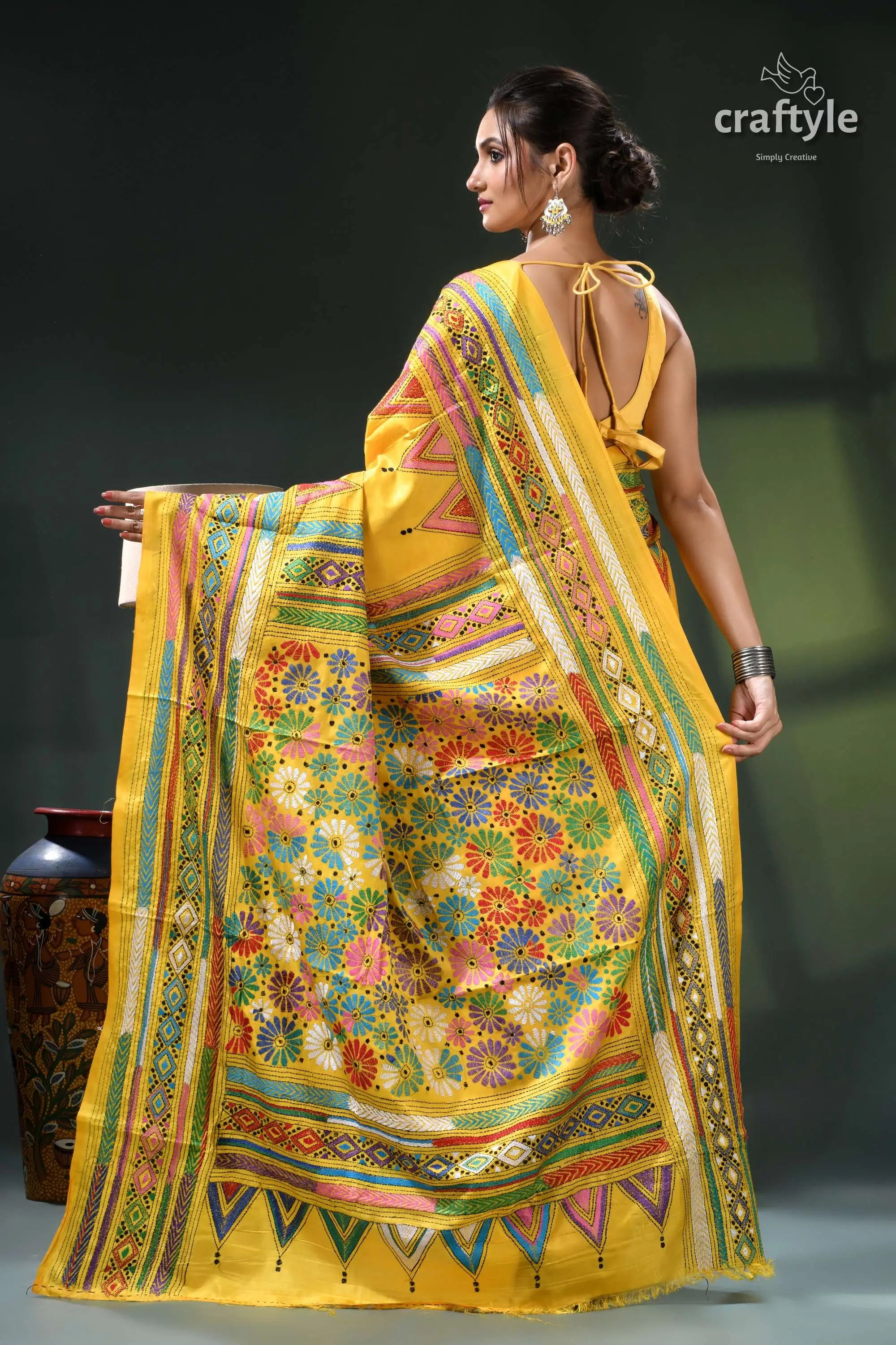 Cyber yellow silk kantha stitch saree - multicolor floral design yellow floral saree green orange 5
