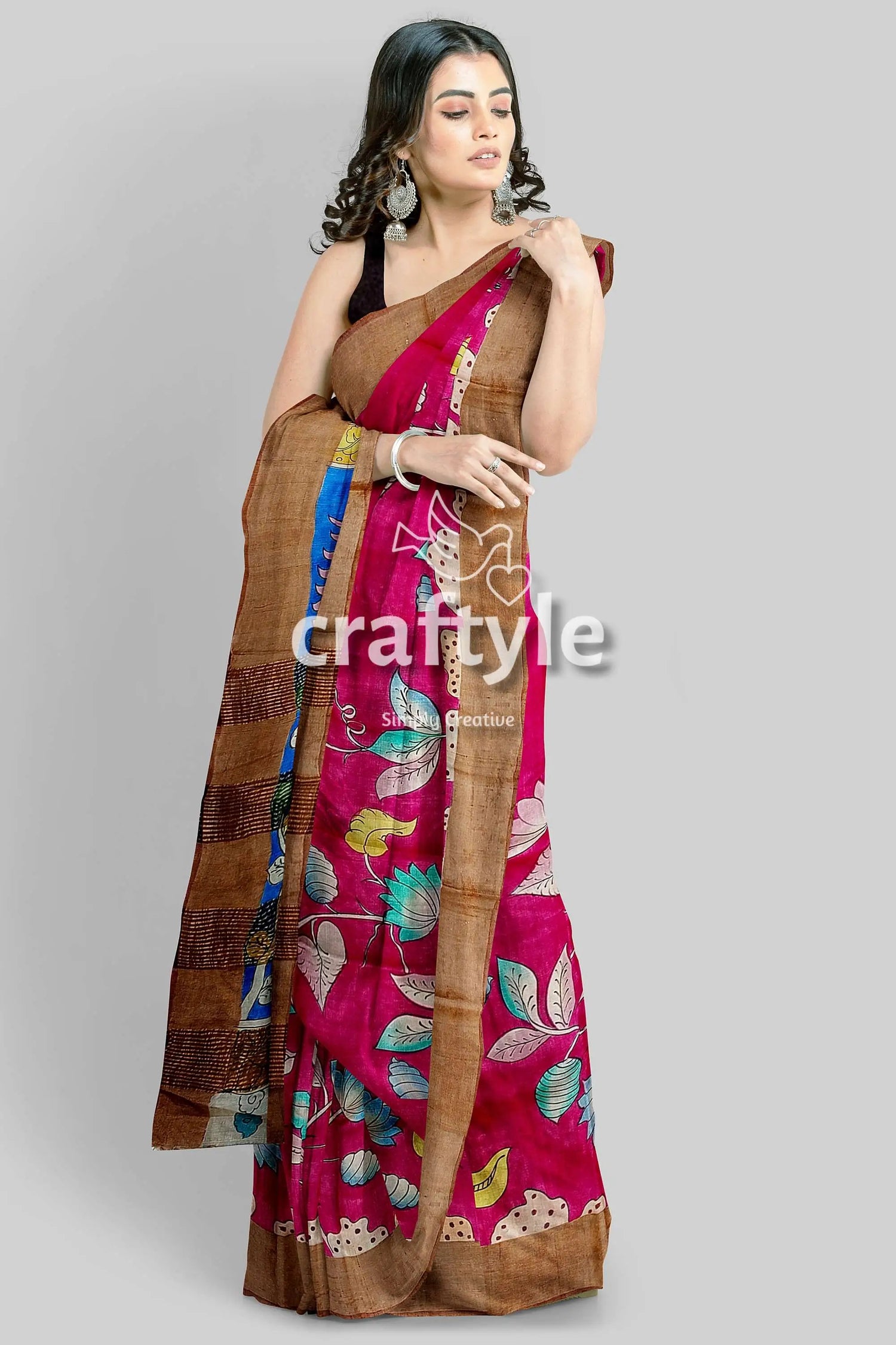 Dabian red hand painted zari border tussar kalamkari sari - pure fabric woman pink floral saree 2