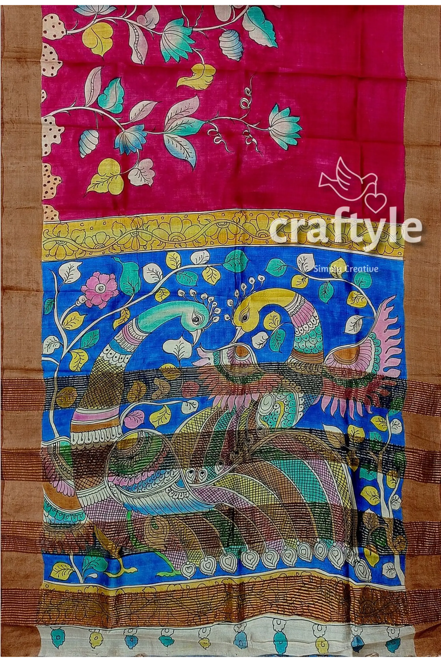 Dabian red hand painted zari border tussar kalamkari sari - pure fabric hand-painted silk saree peacock motif 7