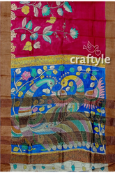 Dabian red hand painted zari border tussar kalamkari sari - pure fabric hand-painted silk saree peacock motif 7