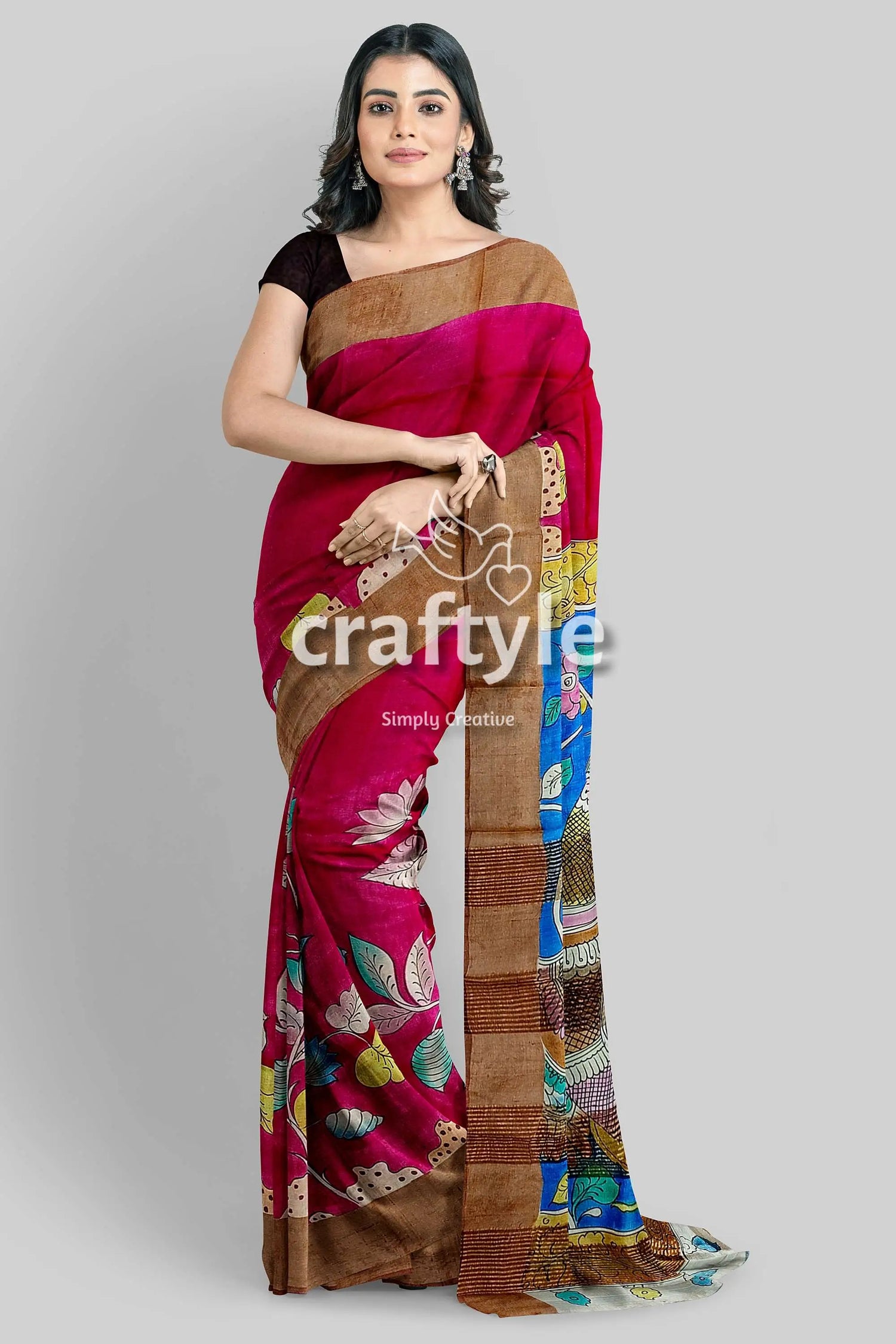Dabian red hand painted zari border tussar kalamkari sari - pure fabric elegant pink brown saree 1