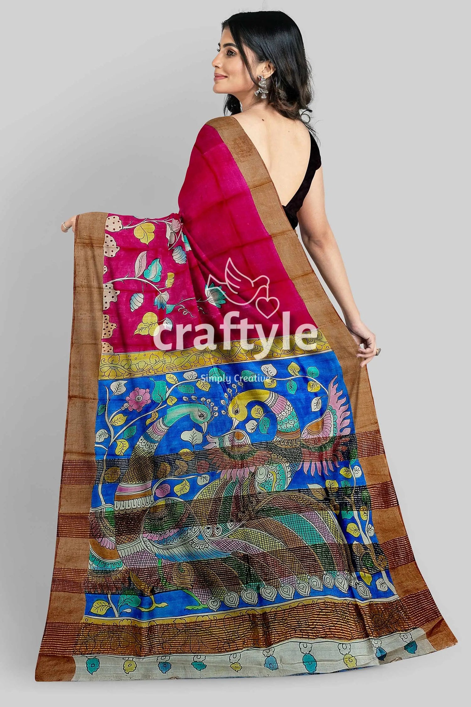 Dabian red hand painted zari border tussar kalamkari sari - pure fabric woman colorful saree 6