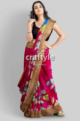 Dabian red hand painted zari border tussar kalamkari sari - pure fabric woman pink floral saree 4