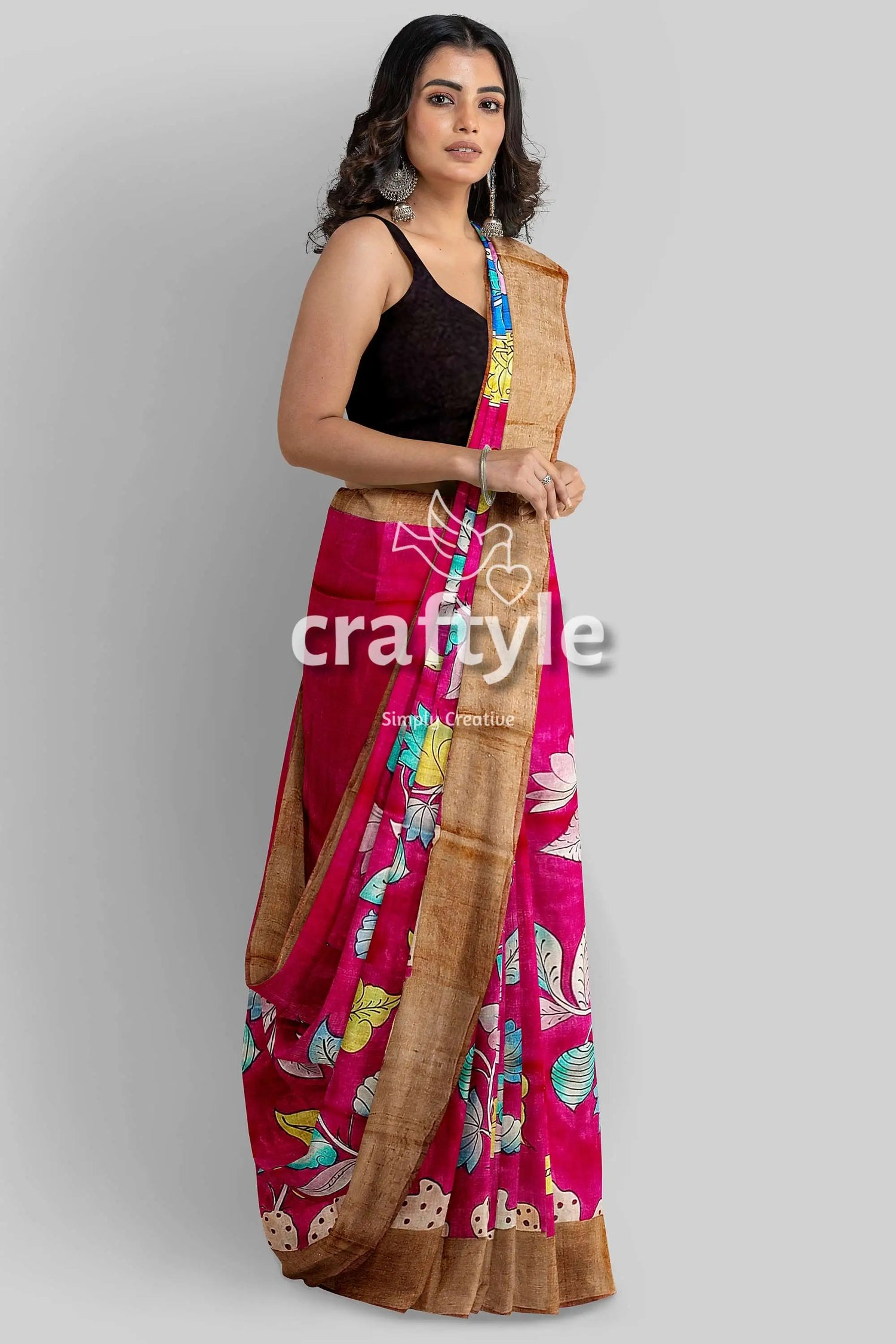 Dabian red hand painted zari border tussar kalamkari sari - pure fabric woman pink floral saree 3