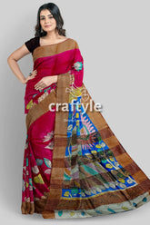 Dabian red hand painted zari border tussar kalamkari sari - pure fabric woman pink brown saree 5