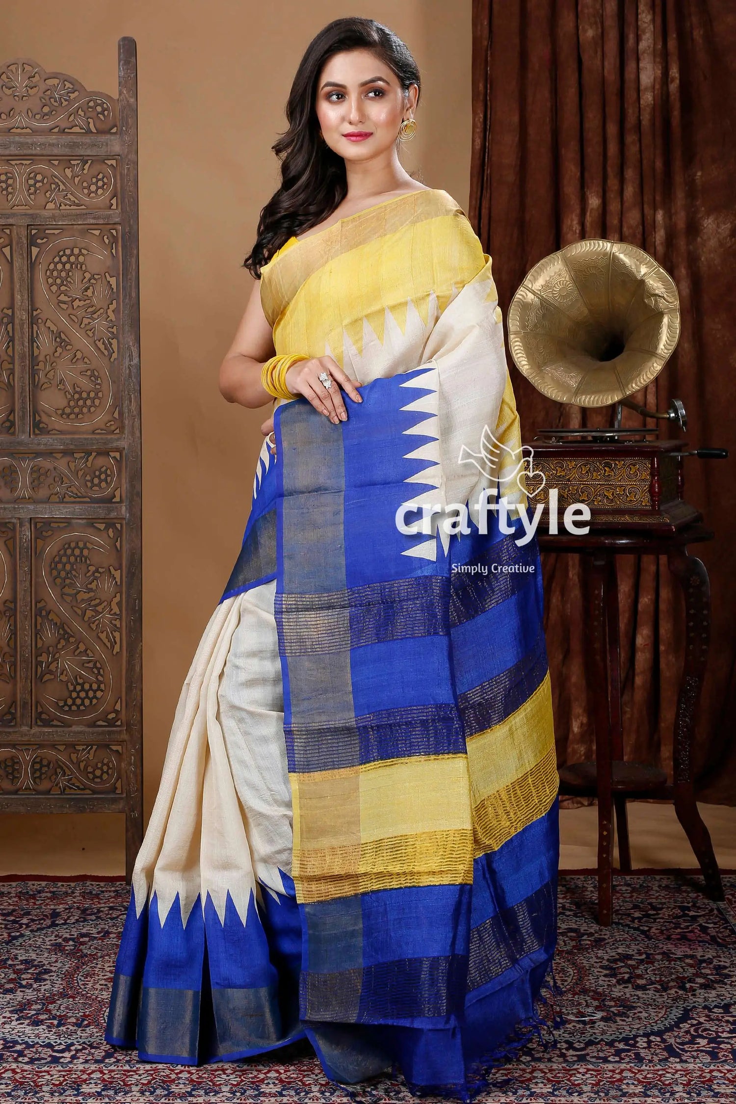 Daffodil yellow & blue hand block print zari border pure tussar silk saree woman yellow white blue saree 3
