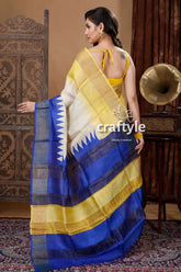 Daffodil yellow & blue hand block print zari border pure tussar silk saree white yellow blue saree 4