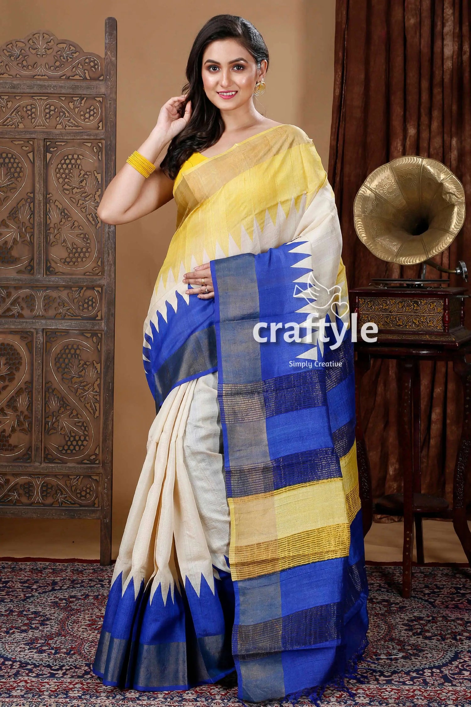 Daffodil yellow & blue hand block print zari border pure tussar silk saree woman yellow white blue saree 1