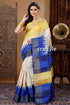 Daffodil yellow & blue hand block print zari border pure tussar silk saree woman yellow white blue saree 1