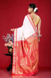 Daisy white and red zari border bomkai silk saree white red saree 5