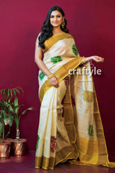 Daisy white block printed pure tussar silk saree for women woman cream-colored saree gold trim 3