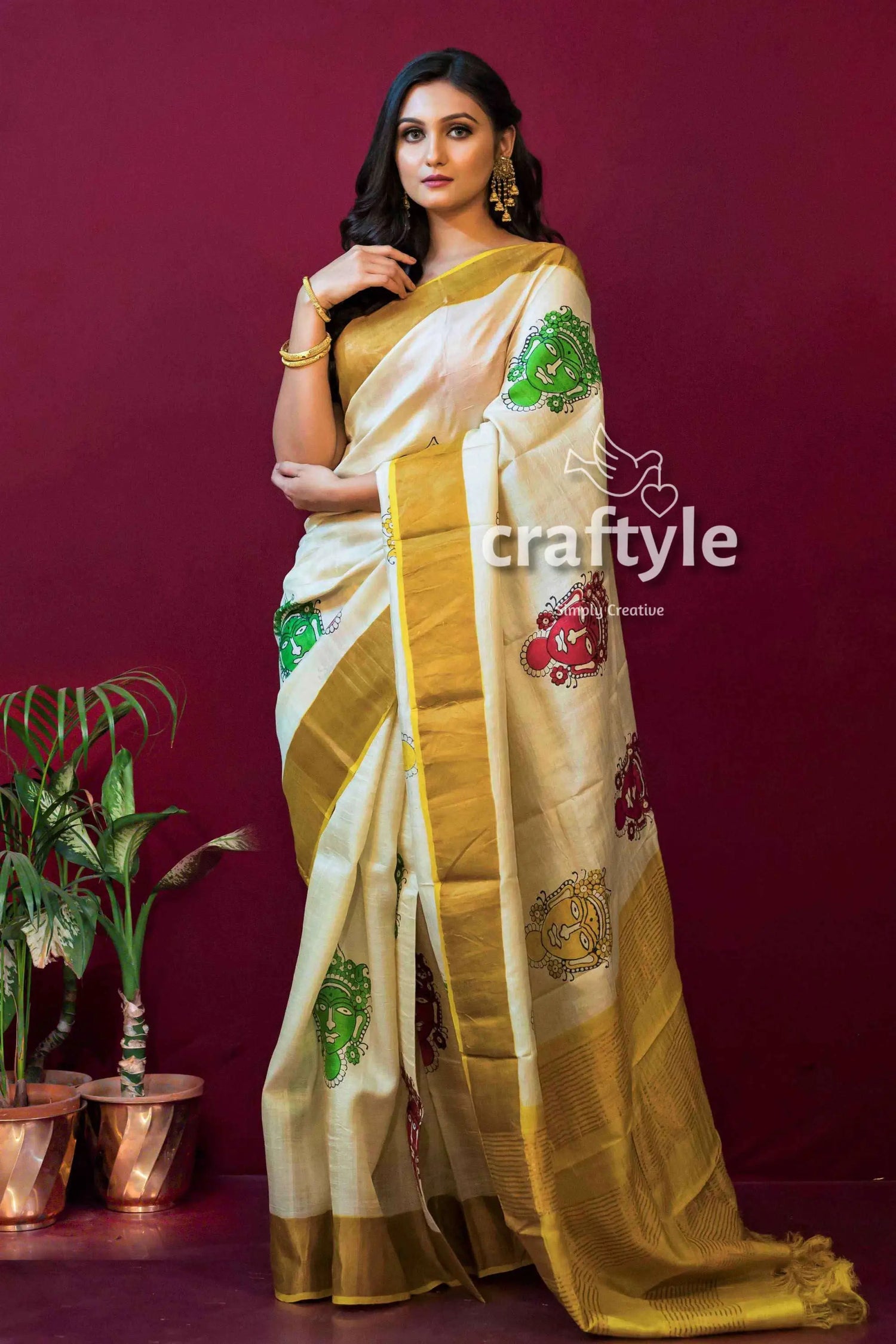 Daisy white block printed pure tussar silk saree for women woman cream gold saree painted 1