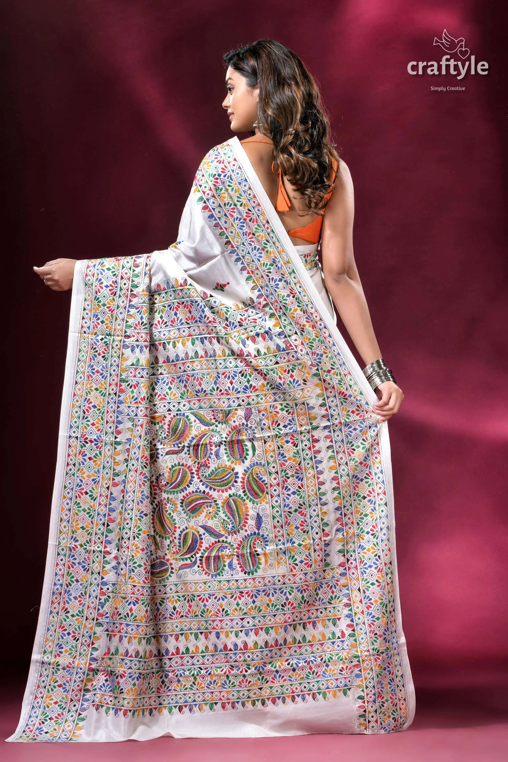 Daisy white colorful thread kantha stitched silk saree white saree colorful embroidery 5
