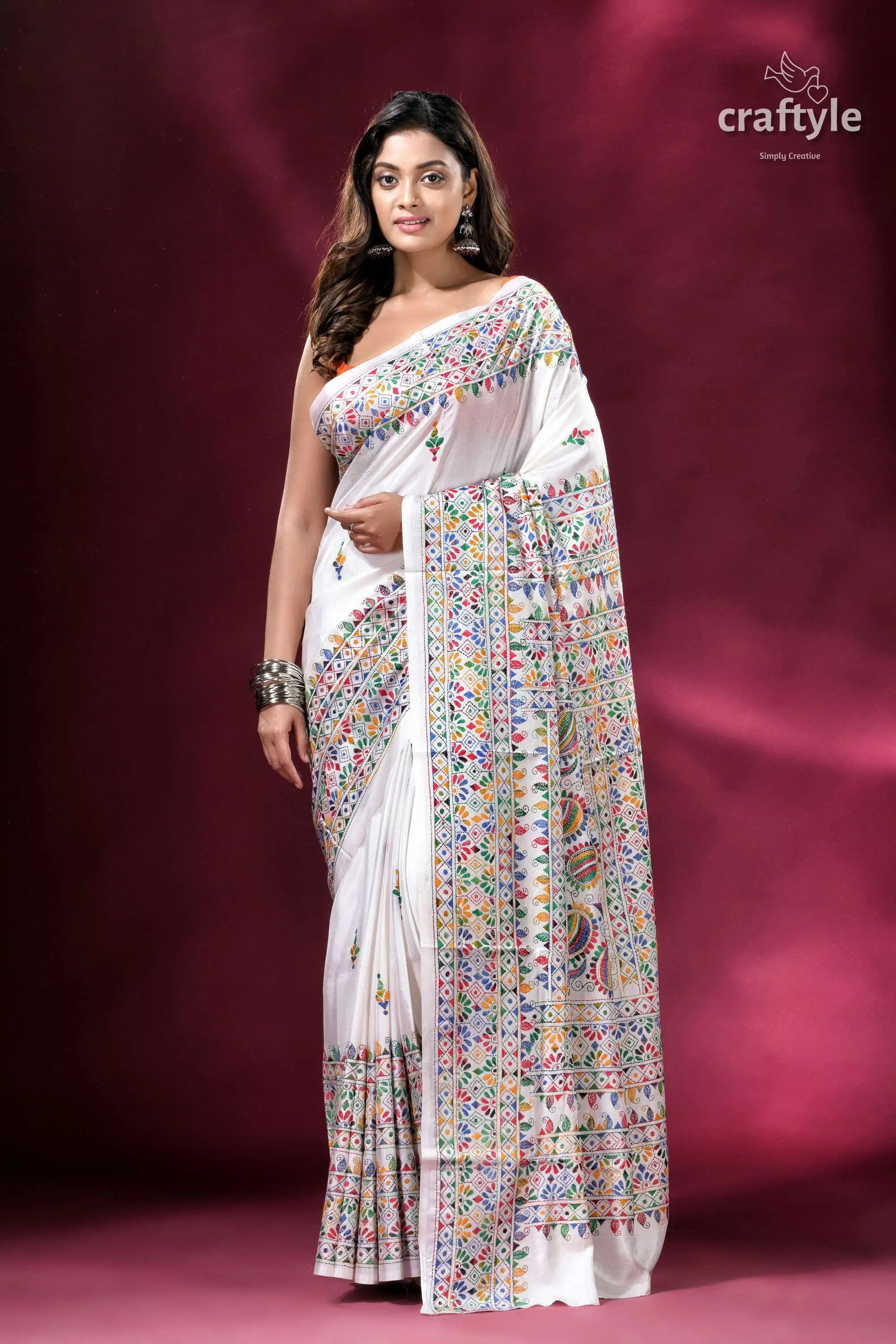 Daisy white colorful thread kantha stitched silk saree white saree colorful embroidery 1