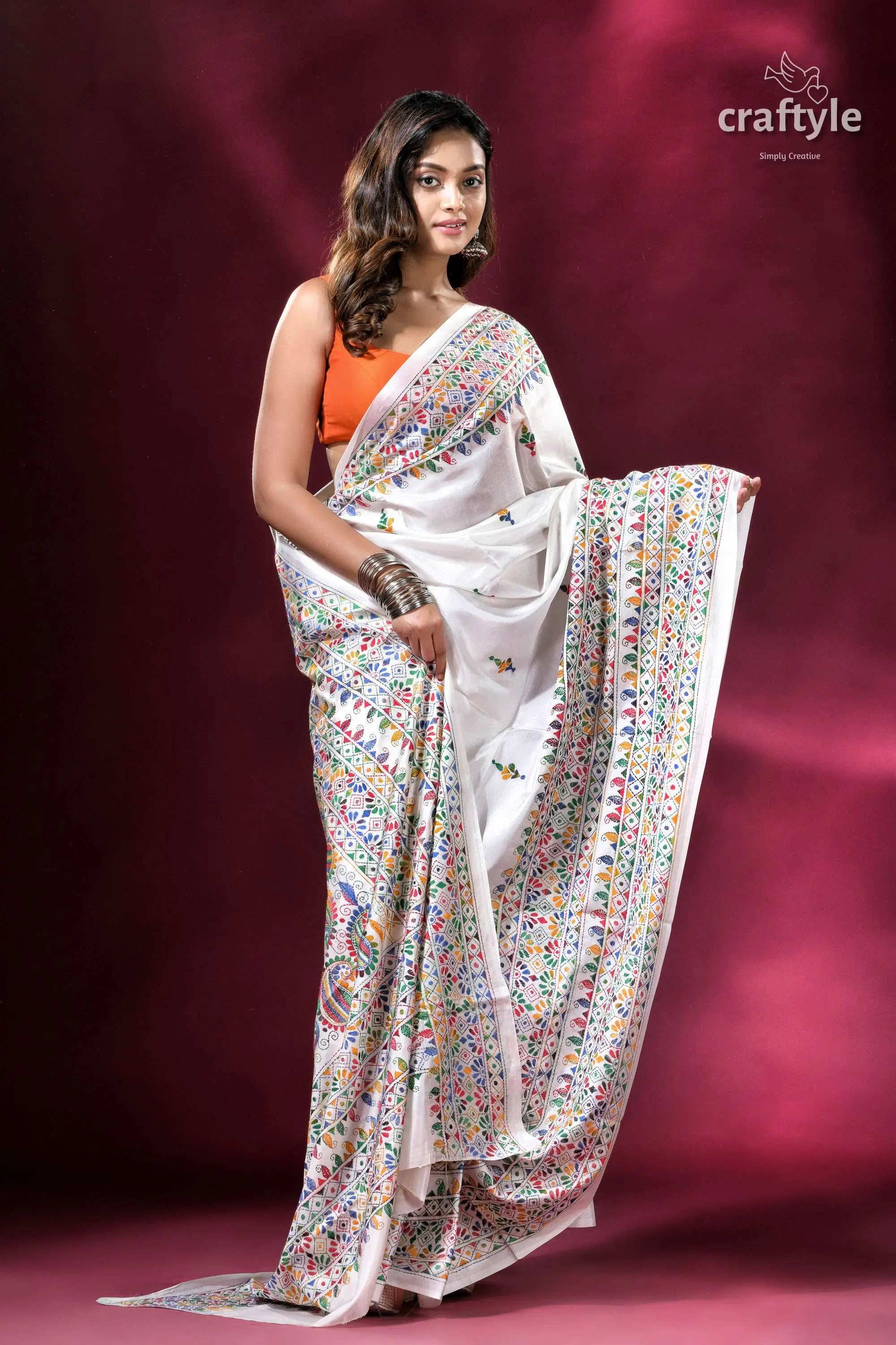 Daisy white colorful thread kantha stitched silk saree white saree colorful embroidery 4