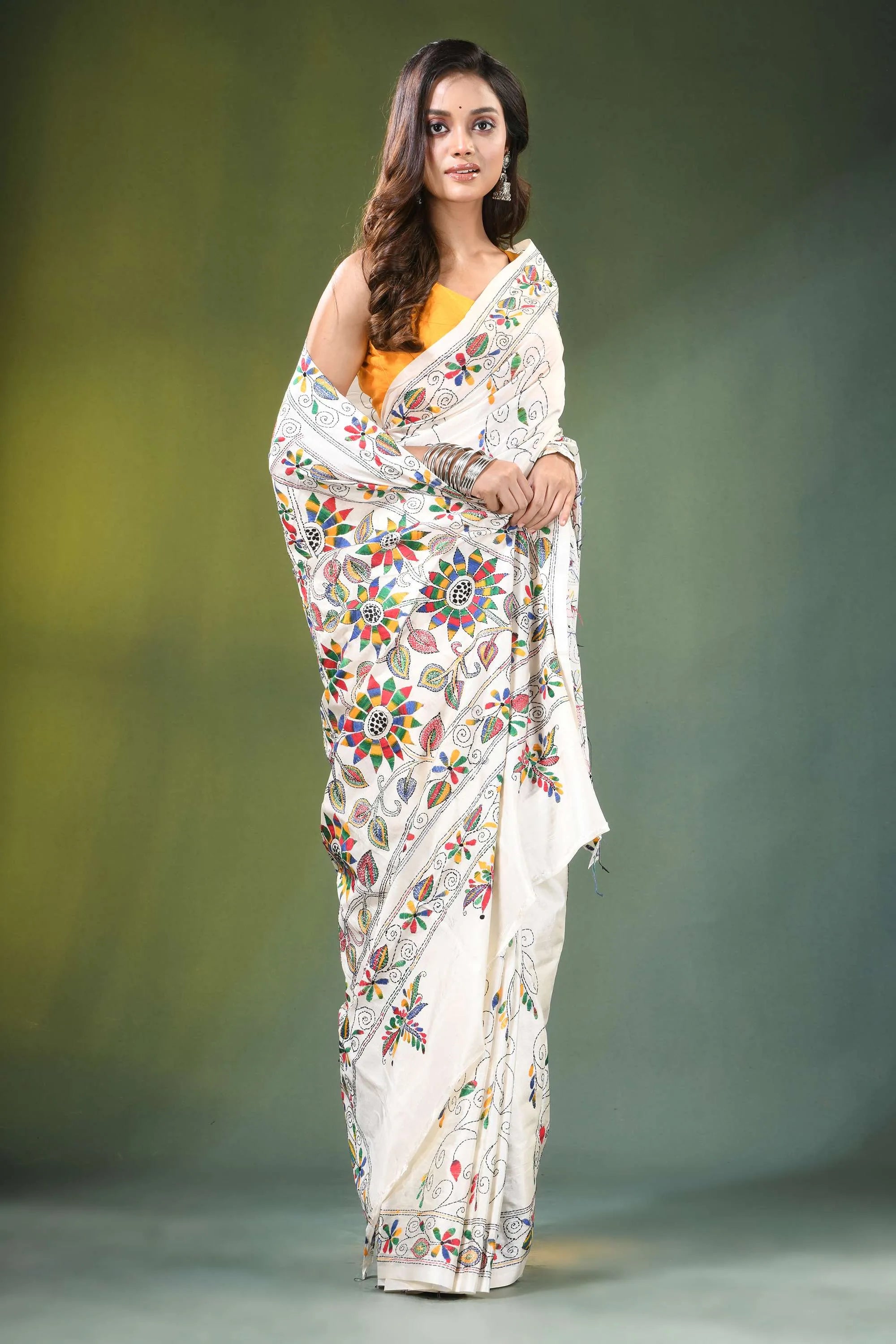 Daisy white hand embroidered floral motif kantha silk saree adorned vibrant 8