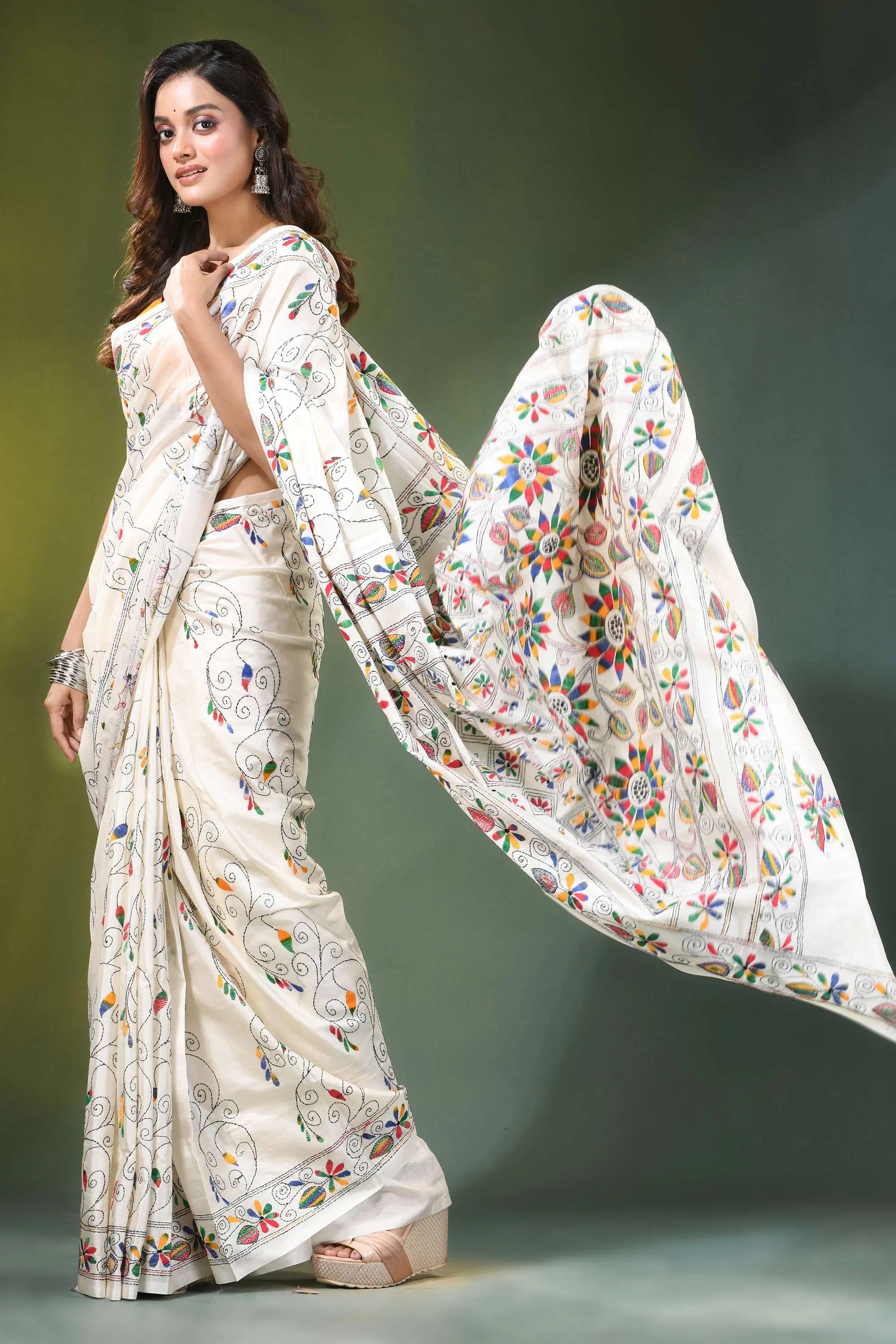 Daisy white hand embroidered floral motif kantha silk saree woman wears off-white 6