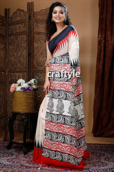 Daisy white mulberry pure silk hand block saree woman patterned saree 4