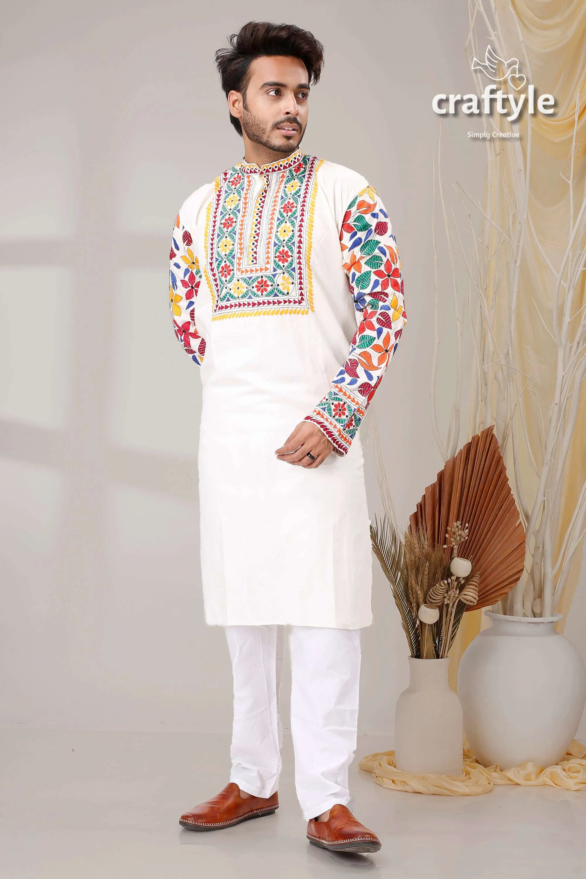 Daisy white multithread work kantha stitch cotton panjabi for men kurta vibrant colorful floral 1