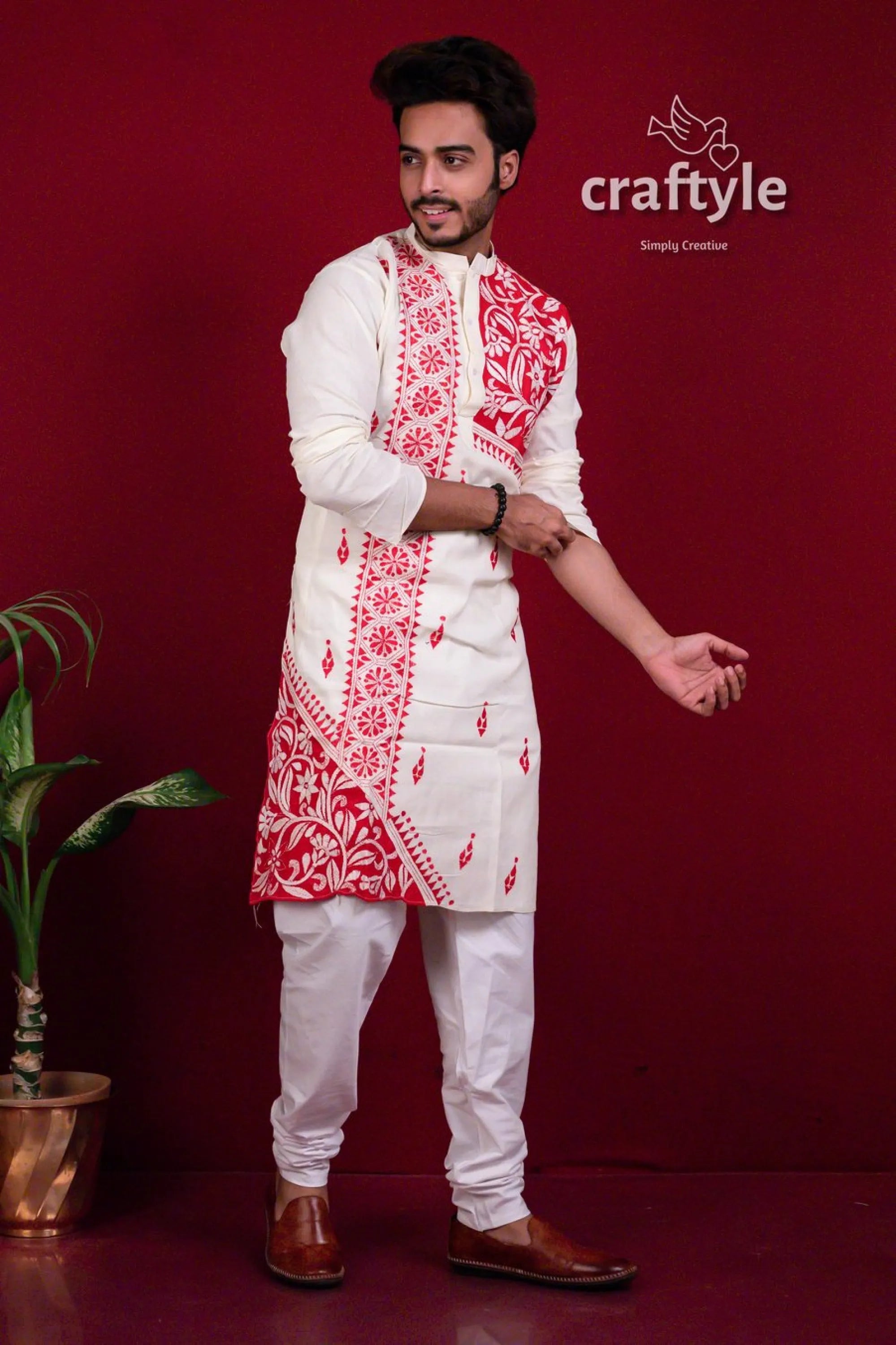 Daisy white & red authentic kantha stitch cotton mens kurta men’s intricate 2