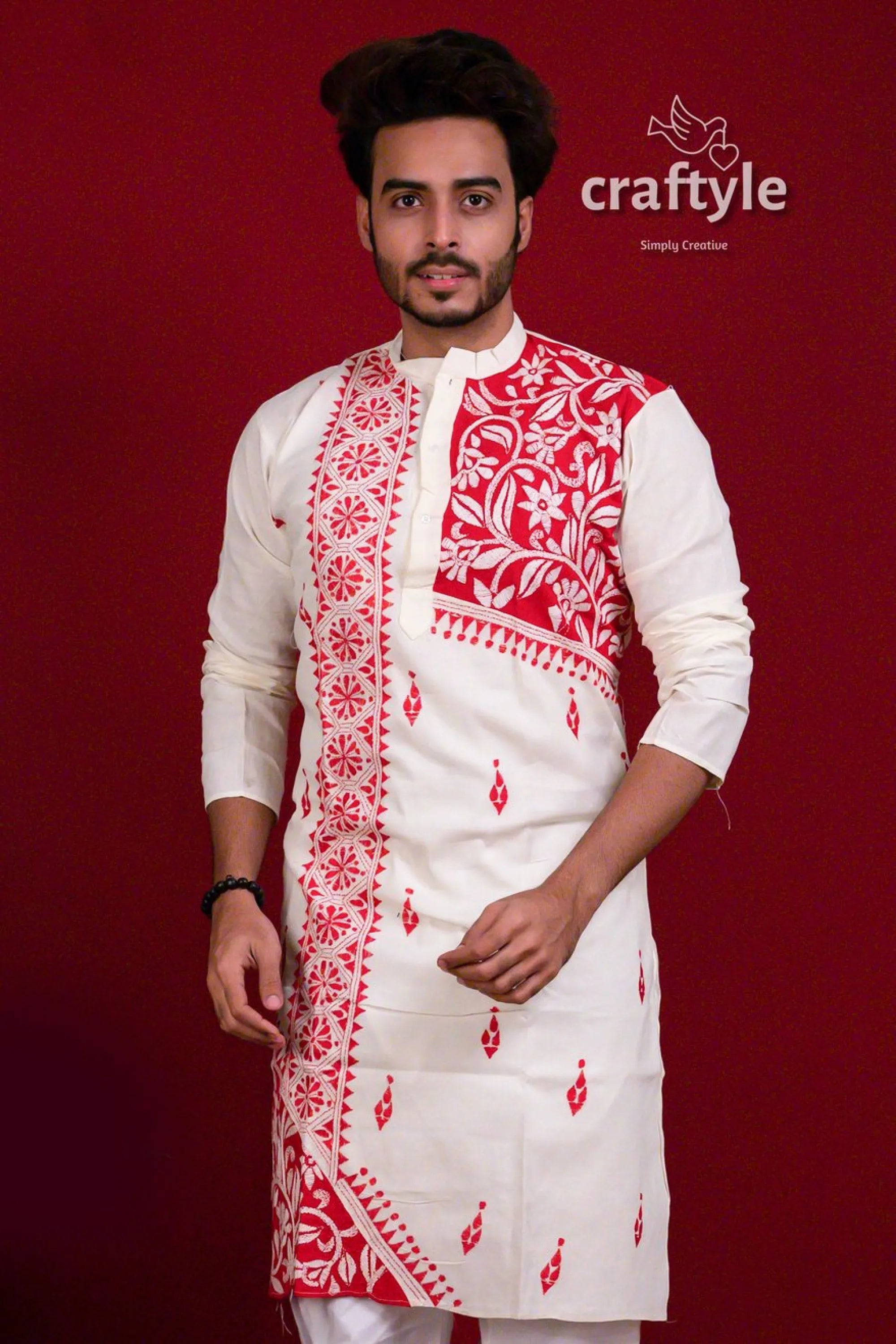 Daisy white & red authentic kantha stitch cotton mens kurta men’s long-sleeved 4