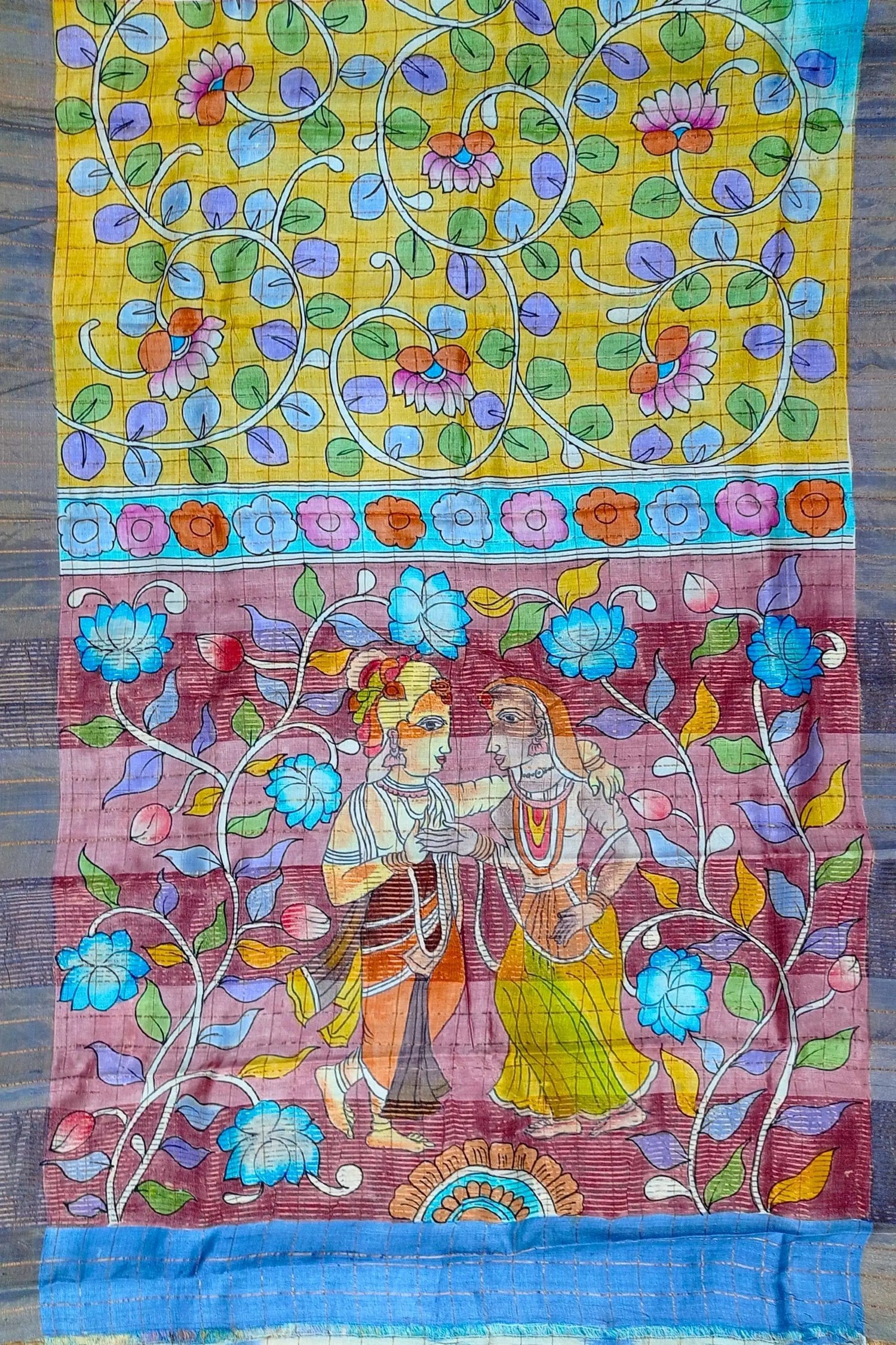 Dandelion yellow authentic zari pure tussar kalamkari art saree hand-painted silk fabric floral figurative 5