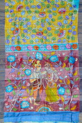 Dandelion yellow authentic zari pure tussar kalamkari art saree hand-painted silk fabric floral figurative 5