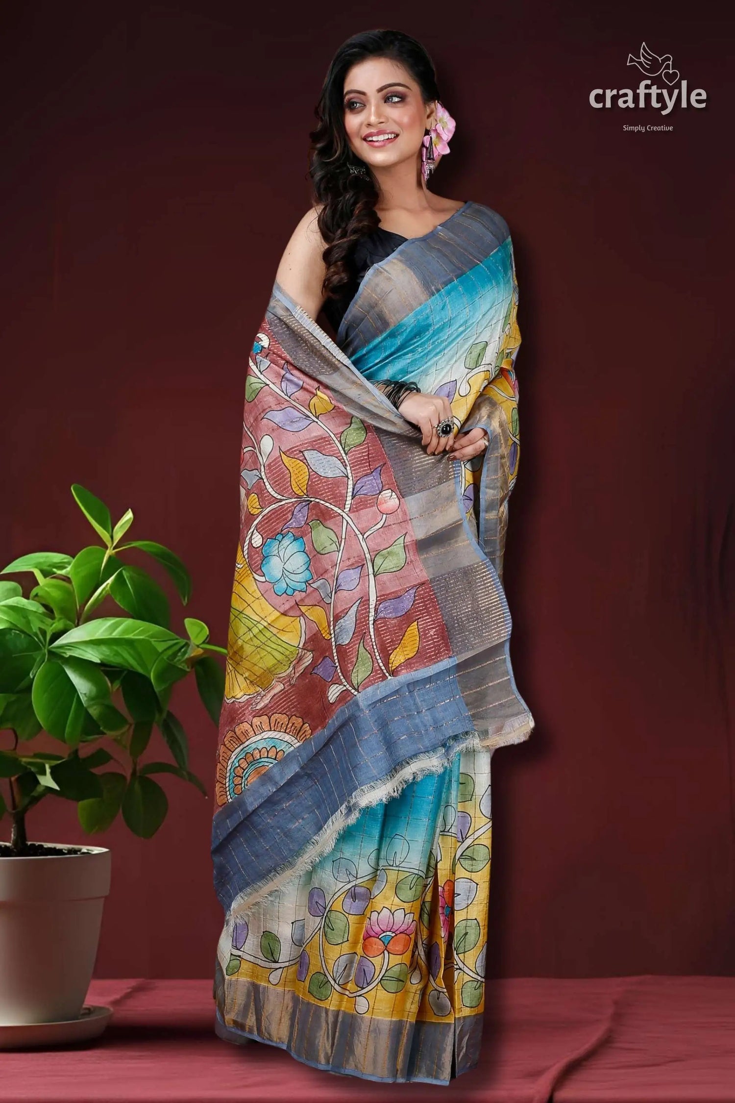 Dandelion yellow authentic zari pure tussar kalamkari art saree woman colorful saree 3