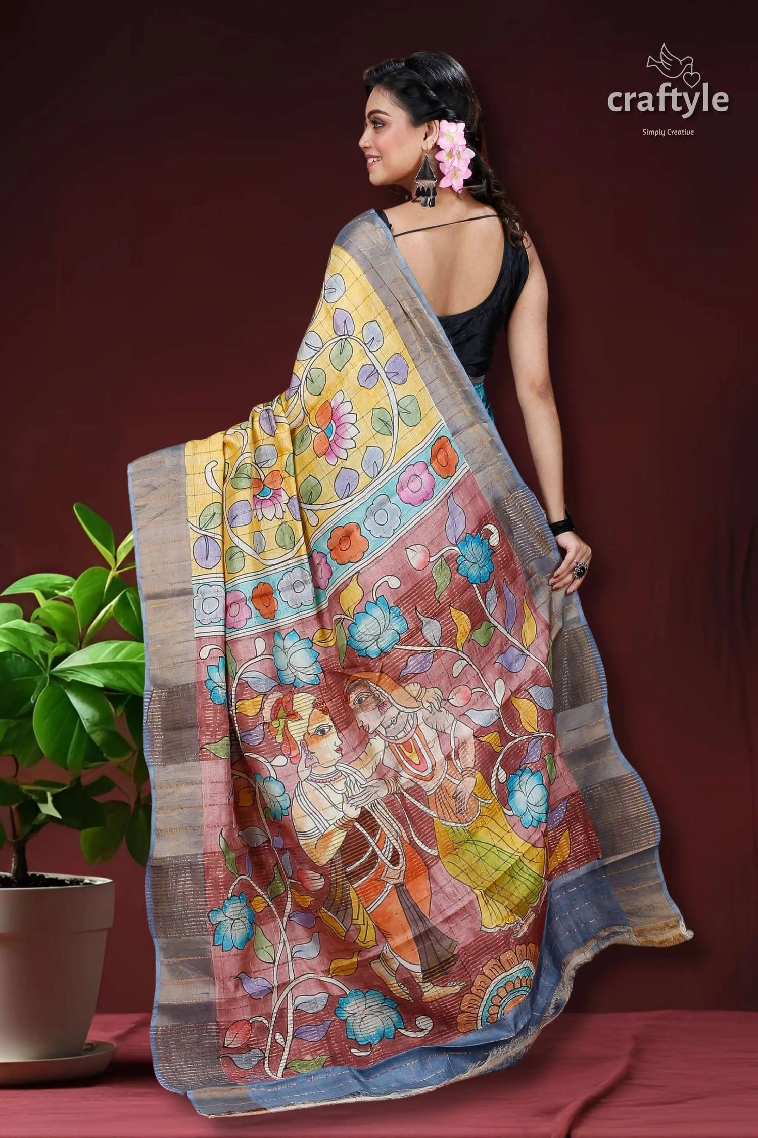 Dandelion yellow authentic zari pure tussar kalamkari art saree hand-painted saree floral figure motifs 4