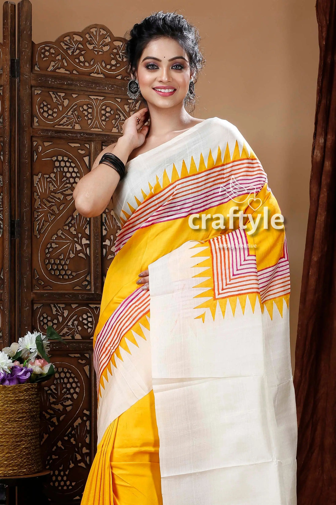 Dandelion yellow pure mulberry silk hand block saree woman yellow white saree 2