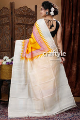 Dandelion yellow pure mulberry silk hand block saree woman white yellow saree 5