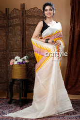 Dandelion yellow pure mulberry silk hand block saree woman yellow white saree 4