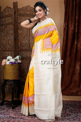 Dandelion yellow pure mulberry silk hand block saree yellow white saree geometric patterns 3