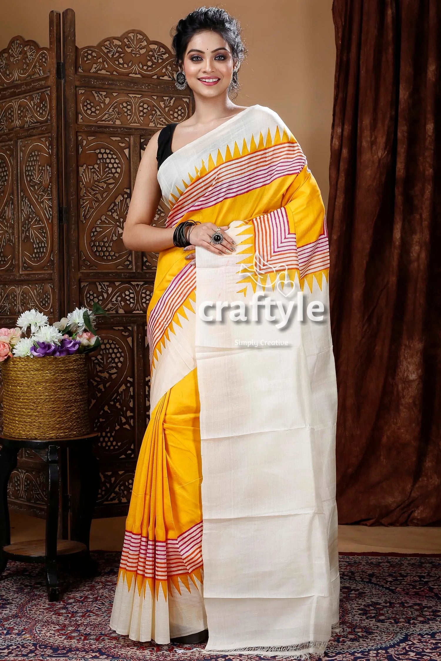 Dandelion yellow pure mulberry silk hand block saree yellow white saree geometric patterns 1