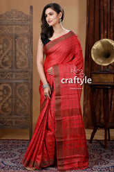 Dark apple red authentic zari pure tussar kalamkari art saree red checkered saree 3