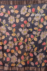 Dark apple red authentic zari pure tussar kalamkari art saree floral-patterned dark fabric 6