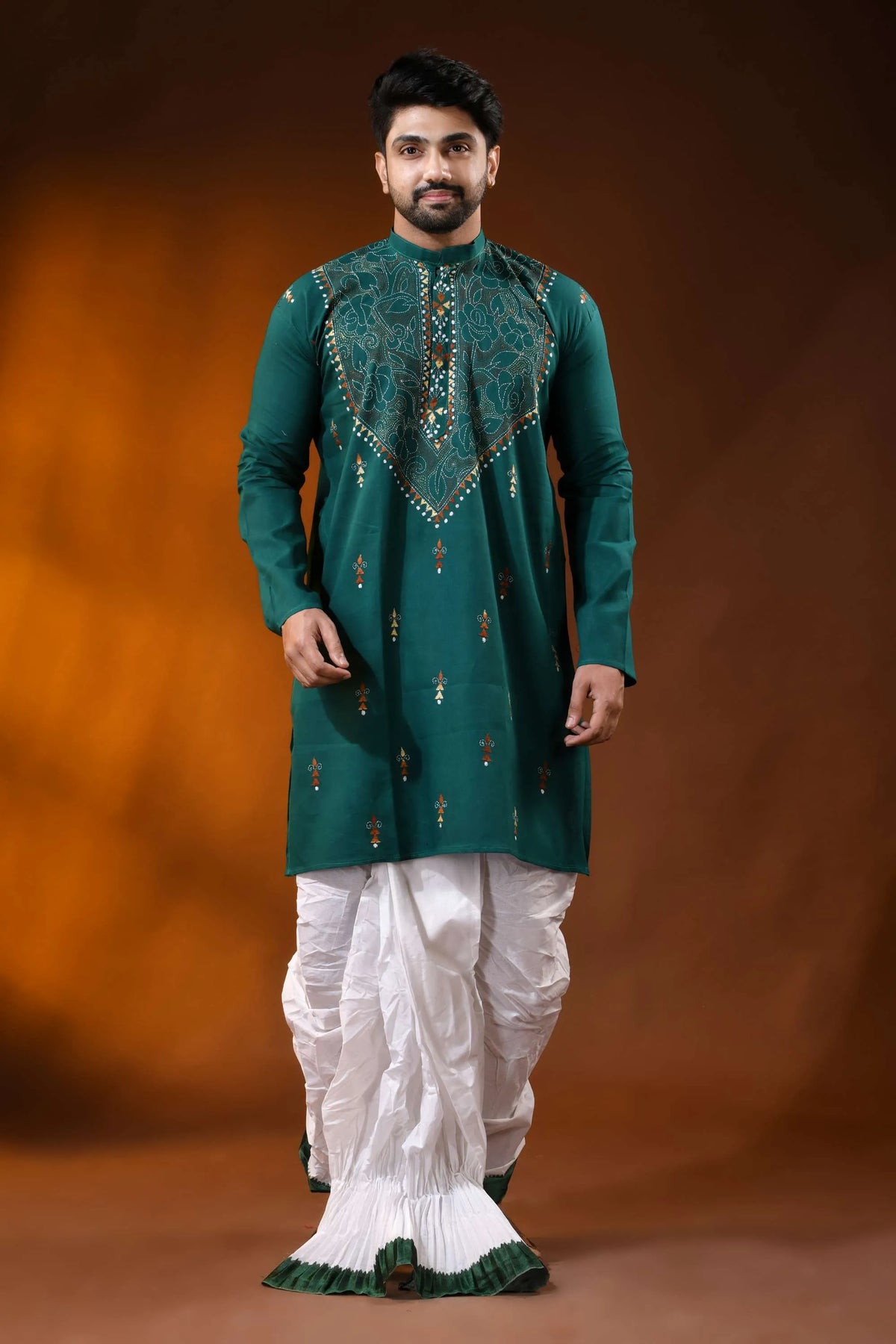 Dark blue green men’s cotton reverse kantha kurta - multicolor floral handcrafted 1