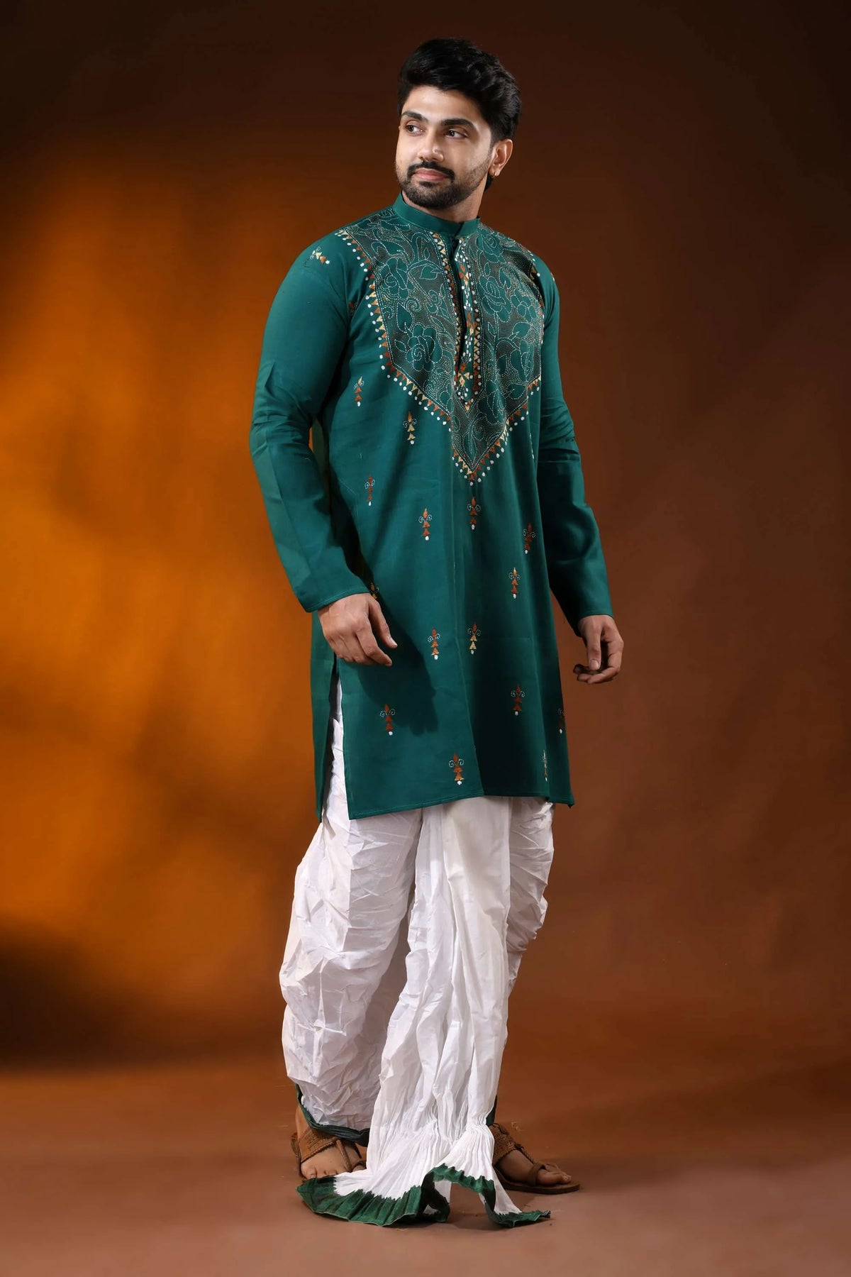 Dark blue green men’s cotton reverse kantha kurta - multicolor floral handcrafted 3