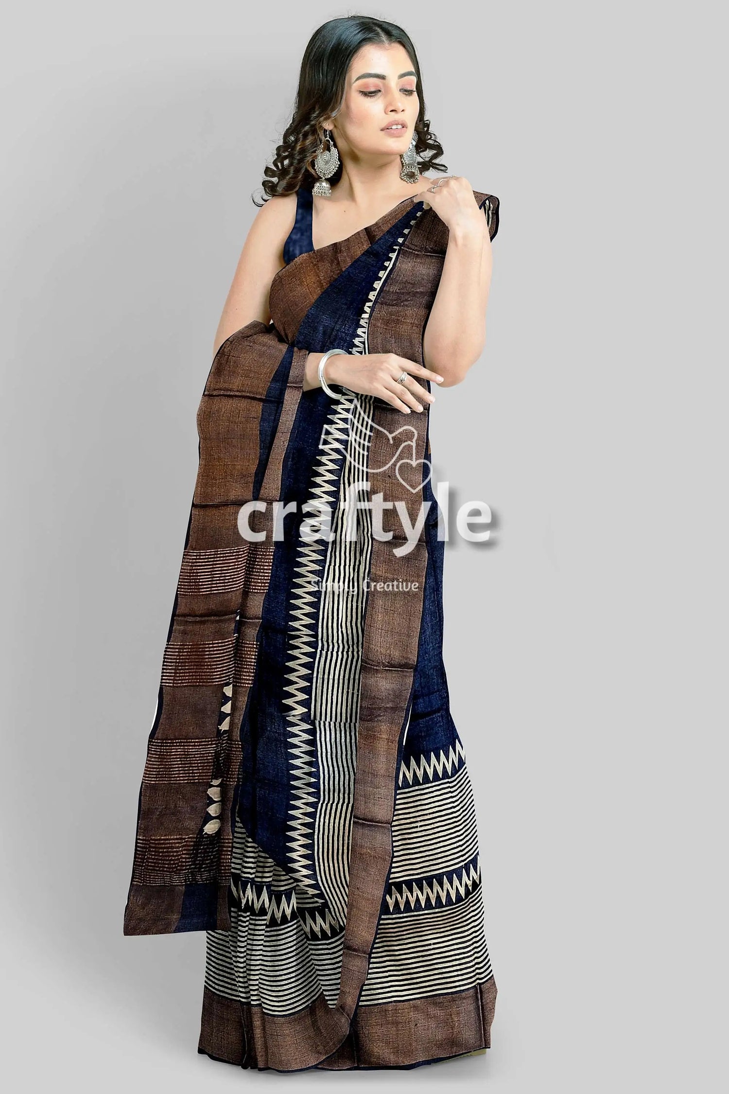 Dark blue hand block printed pure tussar silk saree with zari border woman patterned saree 2