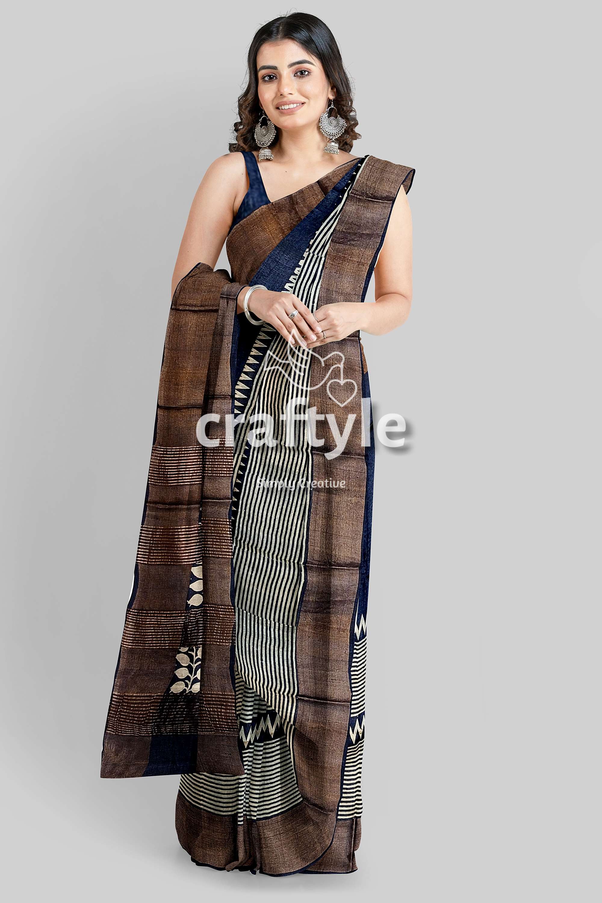 Dark Blue Hand Block Printed Pure Tussar Silk Saree with Zari Border - Craftyle