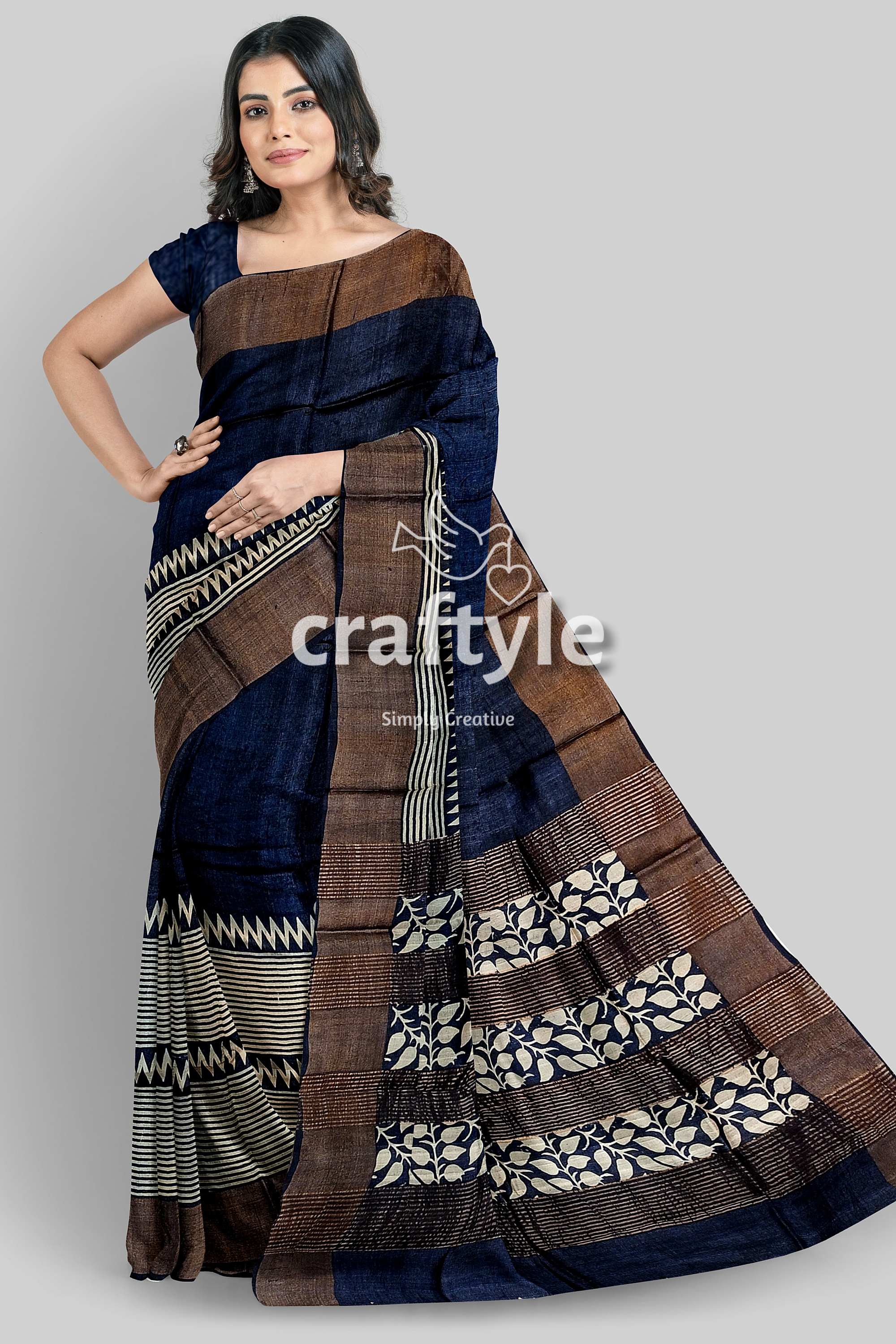 Dark Blue Hand Block Printed Pure Tussar Silk Saree with Zari Border - Craftyle
