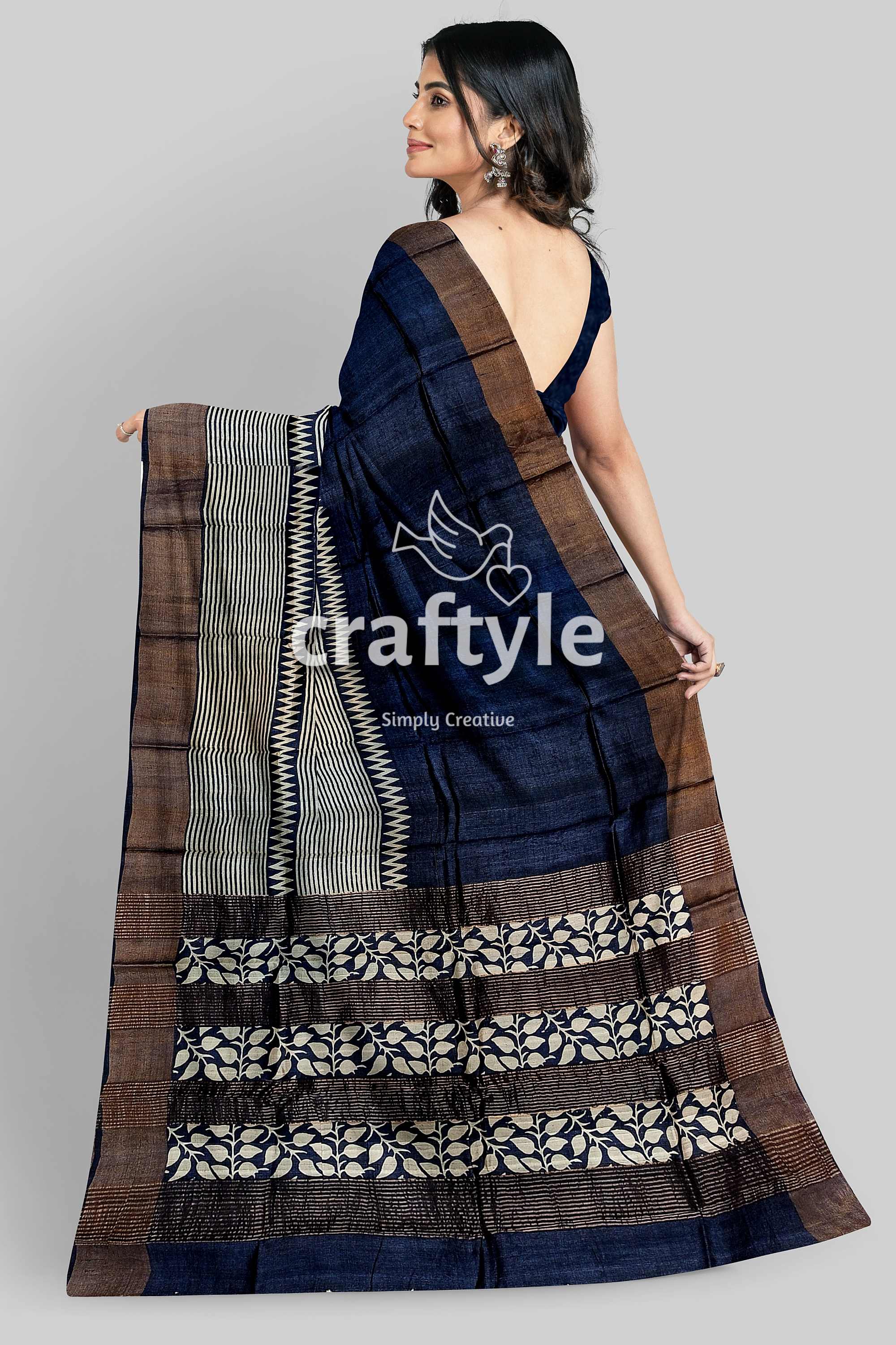 Dark Blue Hand Block Printed Pure Tussar Silk Saree with Zari Border - Craftyle