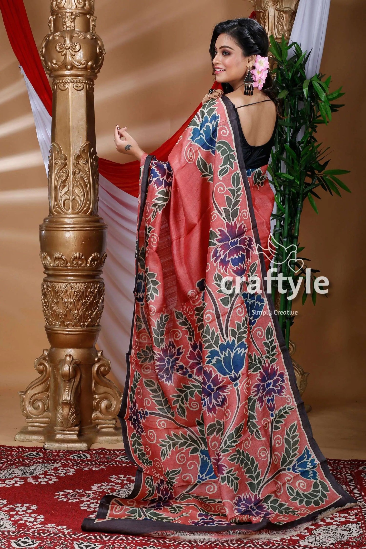 Dark blush red hand painted pure tussar saree floral-patterned pink saree 4
